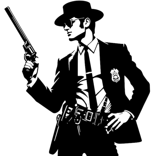 PSD silhouette en noir et blanc d'un policier intelligent
