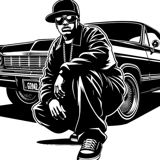 PSD silhouette en noir et blanc d'un rappeur hip-hop posant devant une chevrolet impala