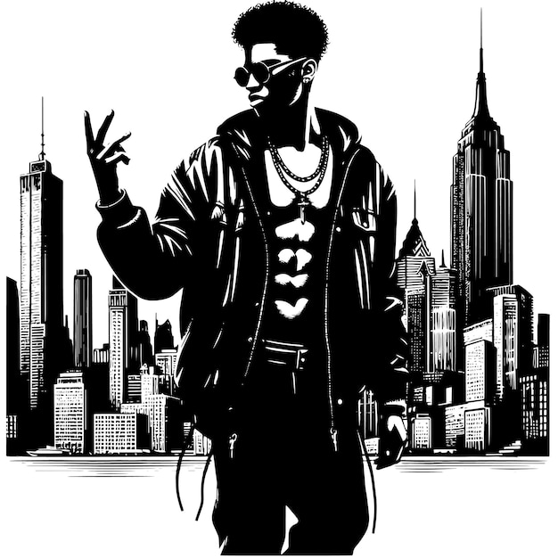 PSD silhouette en noir et blanc d'un rappeur hip-hop posant devant un horizon urbain