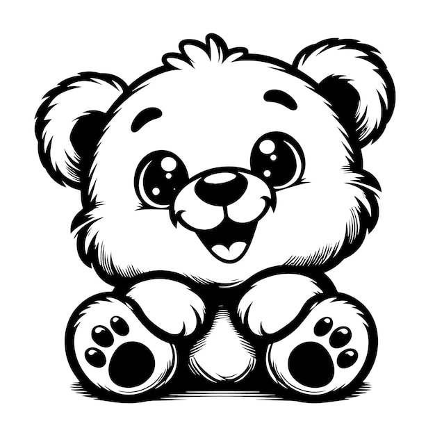 PSD silhouette noire et blanche dessin de contour d'un ours en peluche blanc mignon et drôle et heureux