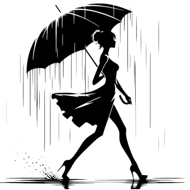 PSD silhouette noire et blanche d'une femme en robe marchant sous un parapluie sous la pluie