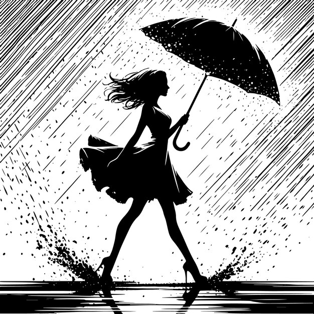 PSD silhouette noire et blanche d'une femme en robe marchant sous un parapluie sous la pluie