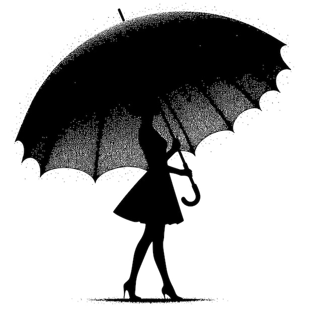 PSD silhouette noire et blanche de personnes sous un parapluie sous la pluie