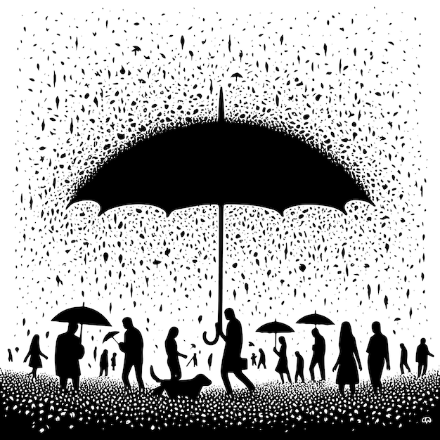 PSD silhouette noire et blanche de personnes sous un parapluie sous la pluie
