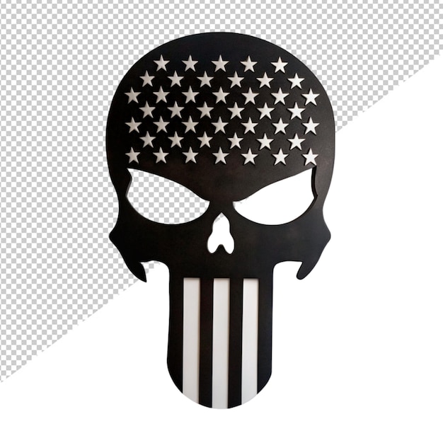 PSD silhouette noire de l'emblème du crâne avec le drapeau des états-unis sur un fond transparent