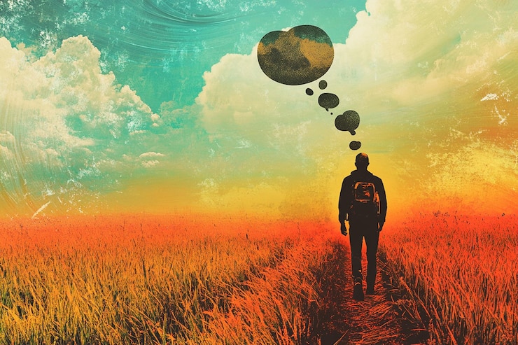 PSD silhouette of a person walking in a field with thought bubbles above