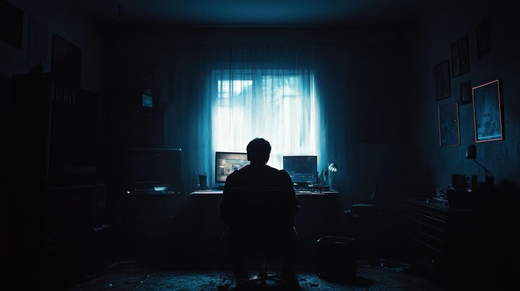 PSD silhouette d'une personne assise à un bureau dans une pièce faiblement éclairée face à une fenêtre lumineuse