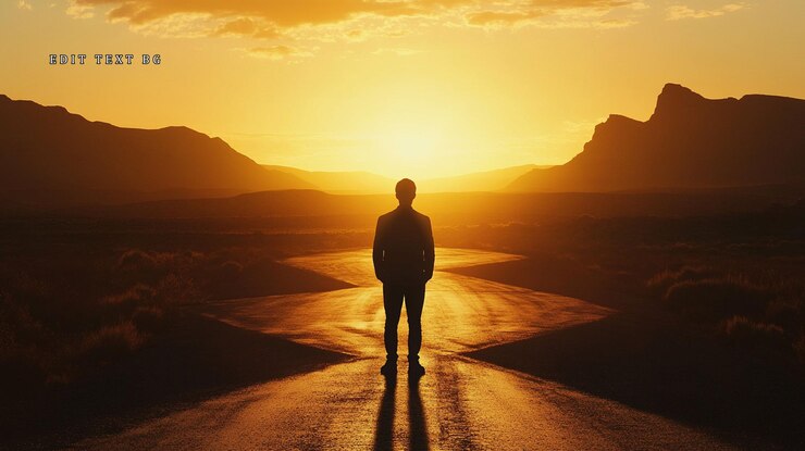 PSD silhouette d'une personne debout à un carrefour au coucher du soleil