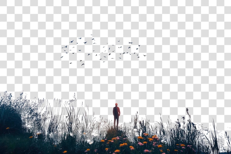 PSD silhouette d'une personne solitaire oiseaux d'eau ciel
