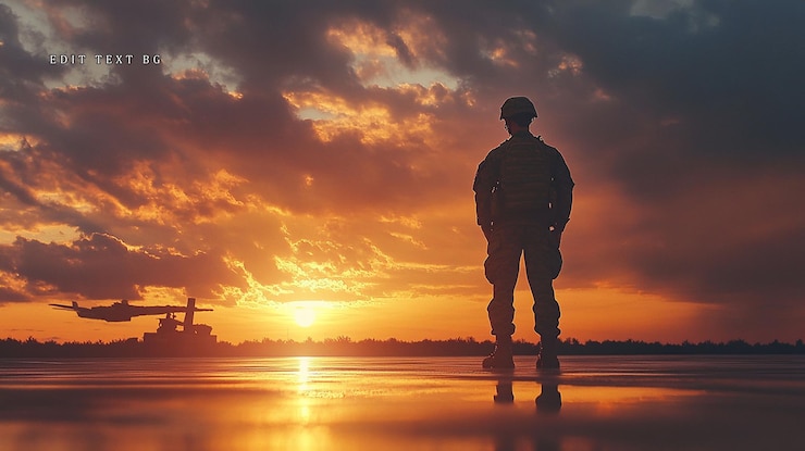 PSD silhouette soldat beobachtet sonnenuntergang flugzeug im hintergrund