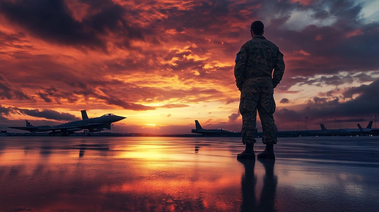 PSD silhouette d'un soldat regardant le coucher de soleil au-dessus des avions militaires sur le tarmac