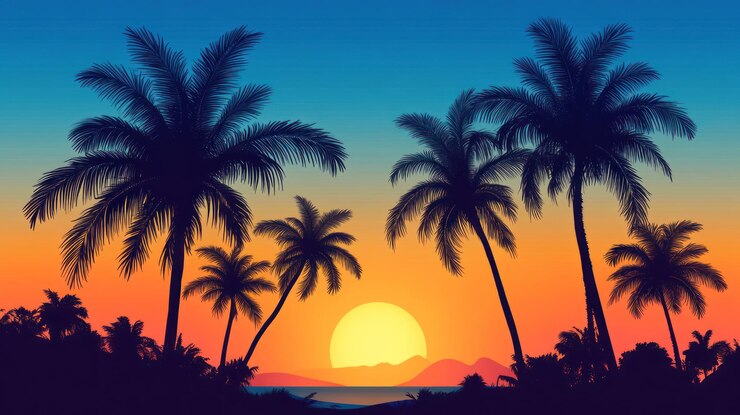 PSD silhouette vivace di palme al tramonto su una spiaggia tropicale