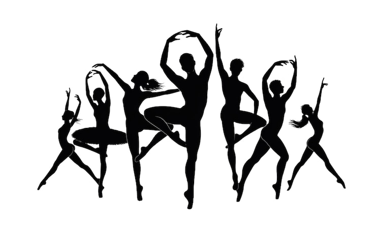 PSD silhouetted ballet dancers in various poses on transparent background