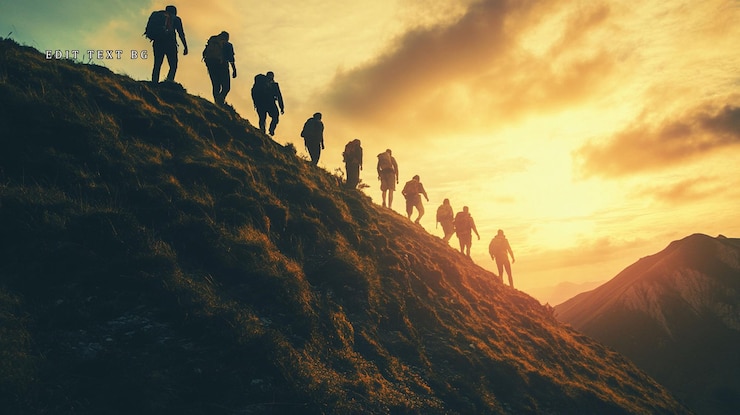 PSD silhouetted hikers ascend a mountain at sunset
