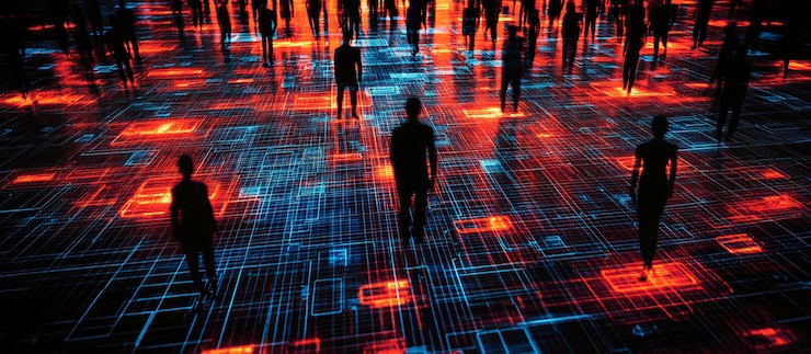 PSD silhouetten von menschen, die auf einem leuchtenden digitalen boden laufen