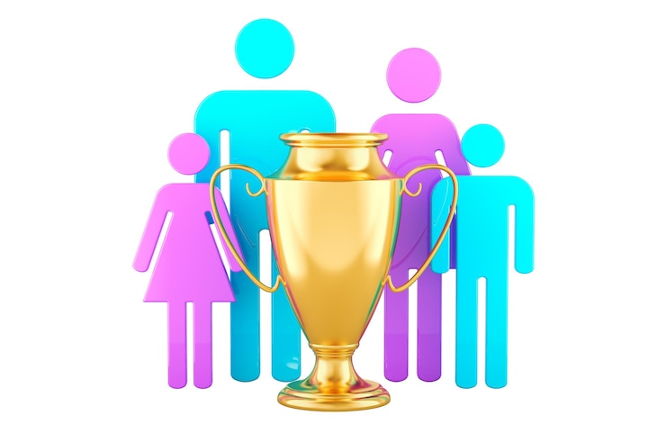 PSD silhouettes de famille avec coupe de trophée en or prix du meilleur concept de famille 3d