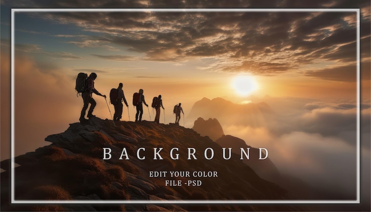 PSD silhouettes of hikers at sunrise on a mountain ridge