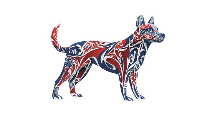 PSD des silhouettes ornées de chiens tribaux en rouge, blanc et bleu