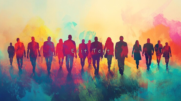 PSD des silhouettes de personnes diverses marchant ensemble sur un fond abstrait coloré