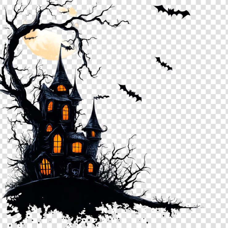 PSD silhueta assustadora do castelo de halloween com morcegos e luz da lua em um fundo transparente