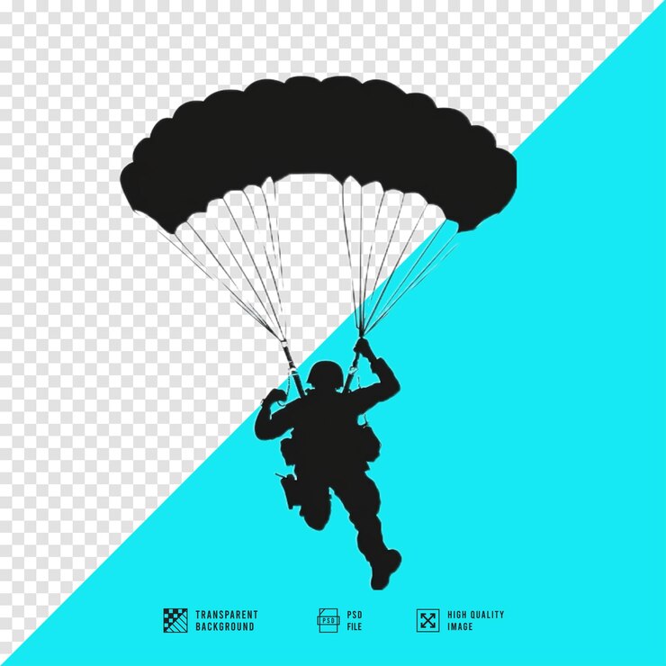 PSD silhueta de um soldado descendo usando um pára-quedas estilo de arte vetorial estilo clipart