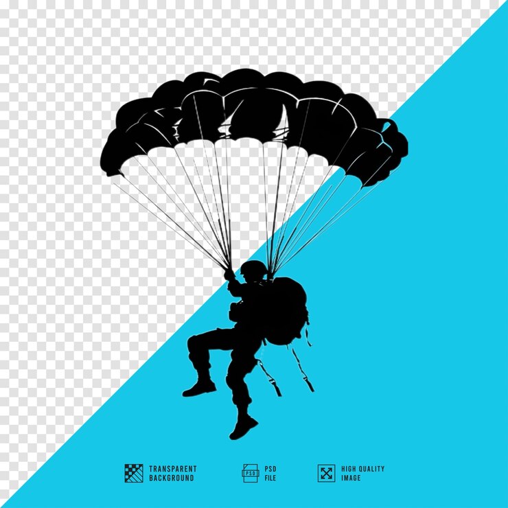 PSD silhueta de um soldado descendo usando um pára-quedas estilo de arte vetorial estilo clipart