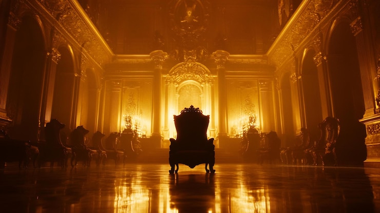 PSD silhueta de um trono em um salão opulento e mal iluminado