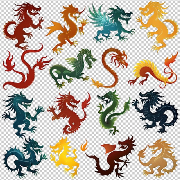 PSD silhueta de uma coleção de dragões em fundo transparente