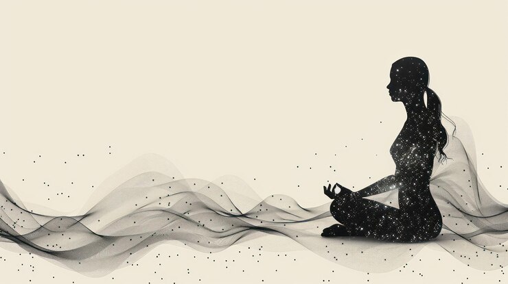 PSD silhueta de uma mulher em uma postura de ioga meditando com linhas fluídas e um fundo macio