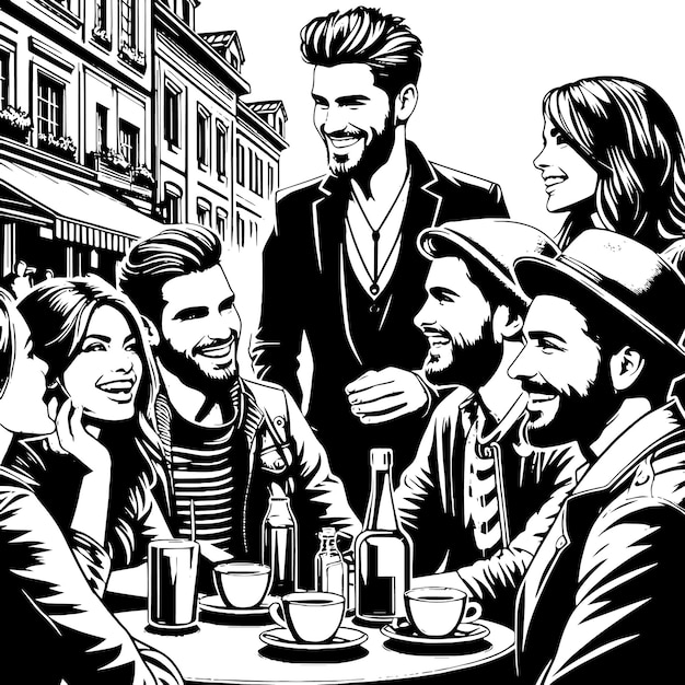 PSD silhueta em preto e branco de um grupo de europeus cumprimentando-se no café da rua urbana