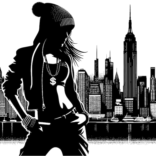 PSD silhueta em preto e branco de uma garota hip hop posando na frente de um horizonte urbano