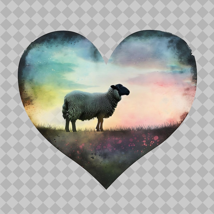 PSD silhueta de ovejas en forma de corazón paisaje pastoral pres png acuarela diseños de animales