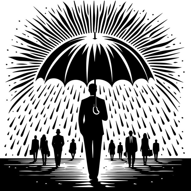 PSD silhueta preta e branca de pessoas sob um guarda-chuva na chuva