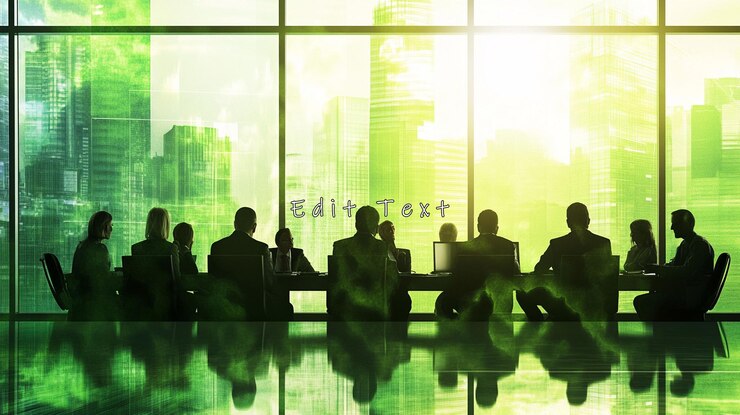 PSD silhuetas de hombres de negocios reunidos en una oficina moderna con una vista verde de la ciudad
