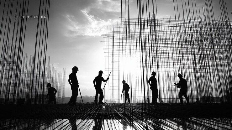 PSD silhuetas de trabajadores de la construcción en un sitio de construcción de edificios altos al atardecer