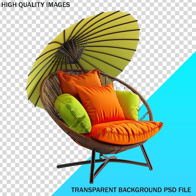 Una silla con una almohada verde y naranja y un paraguas amarillo