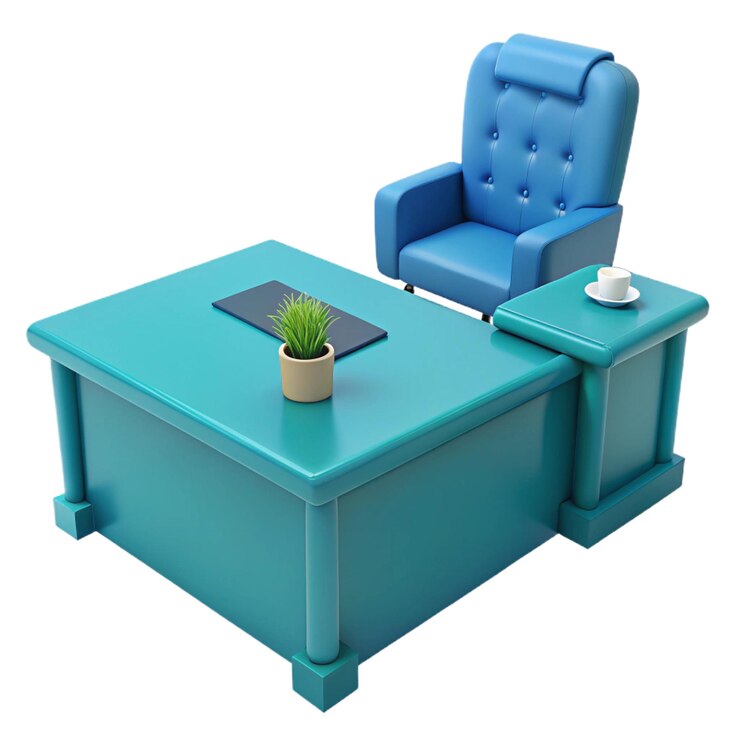 PSD una silla azul y una mesa con una planta en ella