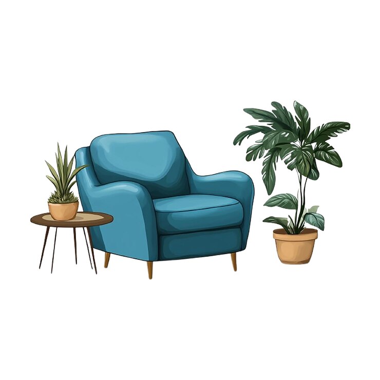 PSD silla azul con una planta en ella