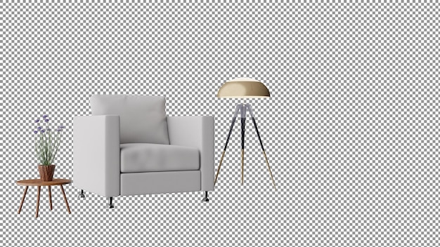 una silla blanca y una mesa con una lámpara