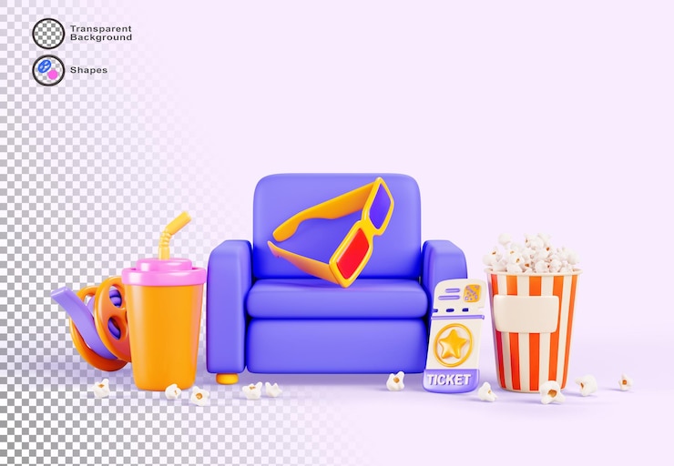 PSD silla en el cine con gafas 3d pop corn cubo bebida carrete de película y entradas silla frente al salón para ver películas con bocadillos pancarta de dibujos animados