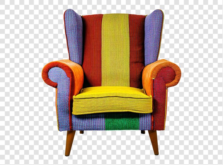 PSD una silla colorida con una cubierta colorida y un cojín a rayas