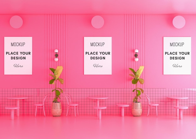 PSD silla de comedor con póster en pared y azulejo rosa