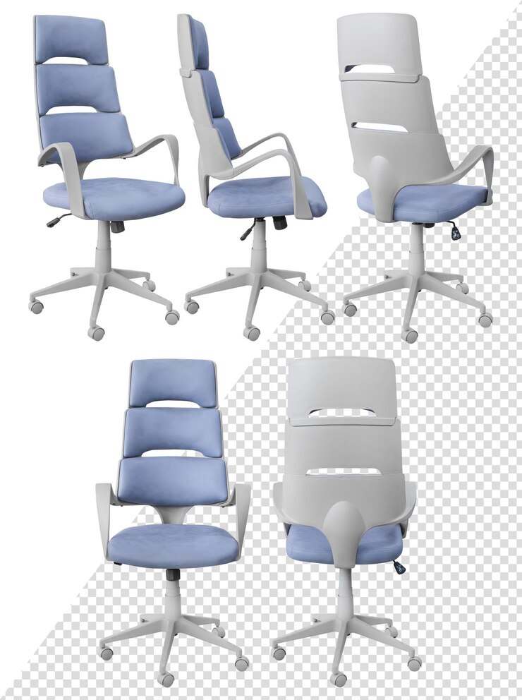 Silla de computadora azul. Aislado del fondo. Vista desde diferentes lados