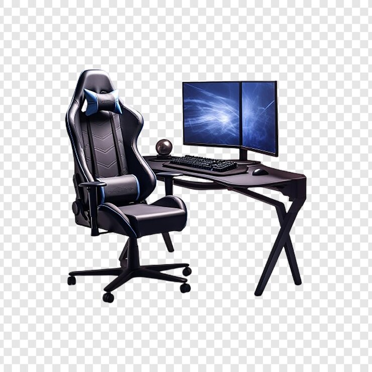 PSD silla y escritorio de juegos con monitor aislado sobre un fondo transparente