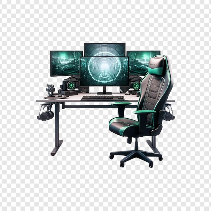 PSD silla y escritorio de juegos con monitor aislado sobre un fondo transparente