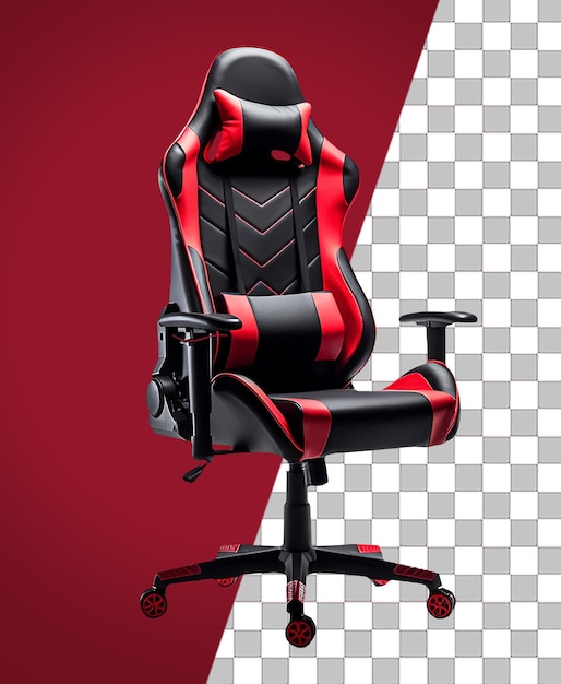 Una silla gamer roja y negra con un asiento negro