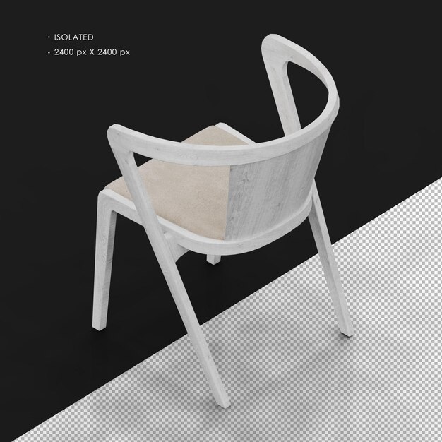 Silla de madera hecha a mano aislada, realista, blanca y limpia, isométrica en la parte superior izquierda trasera
