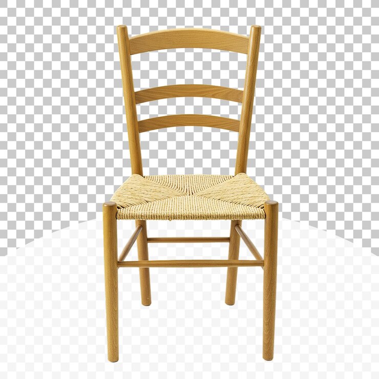 PSD silla de madera simple con asiento de ratán aislado sobre un fondo transparente
