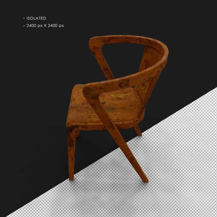 PSD silla de metal hecha a mano aislada, realista, pesada y oxidada, vista superior izquierda
