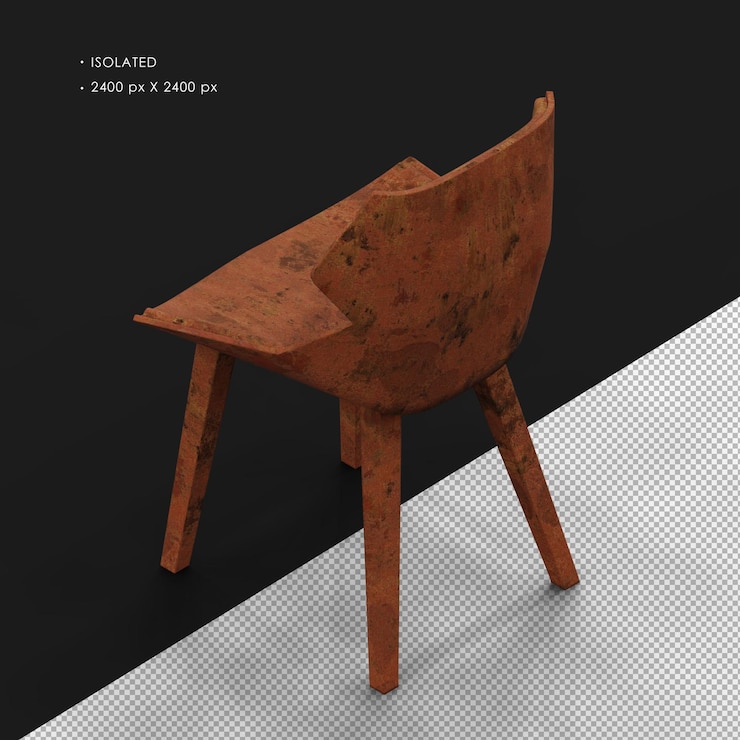 PSD silla de metal moderna aislada, realista, pesada y oxidada, isométrica, vista trasera superior izquierda